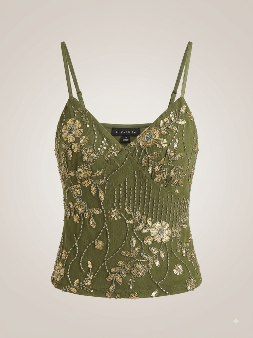 NWOT Studio 12 Olive Green Beaded and Sequined Floral Mesh Cami Top. Size Medium